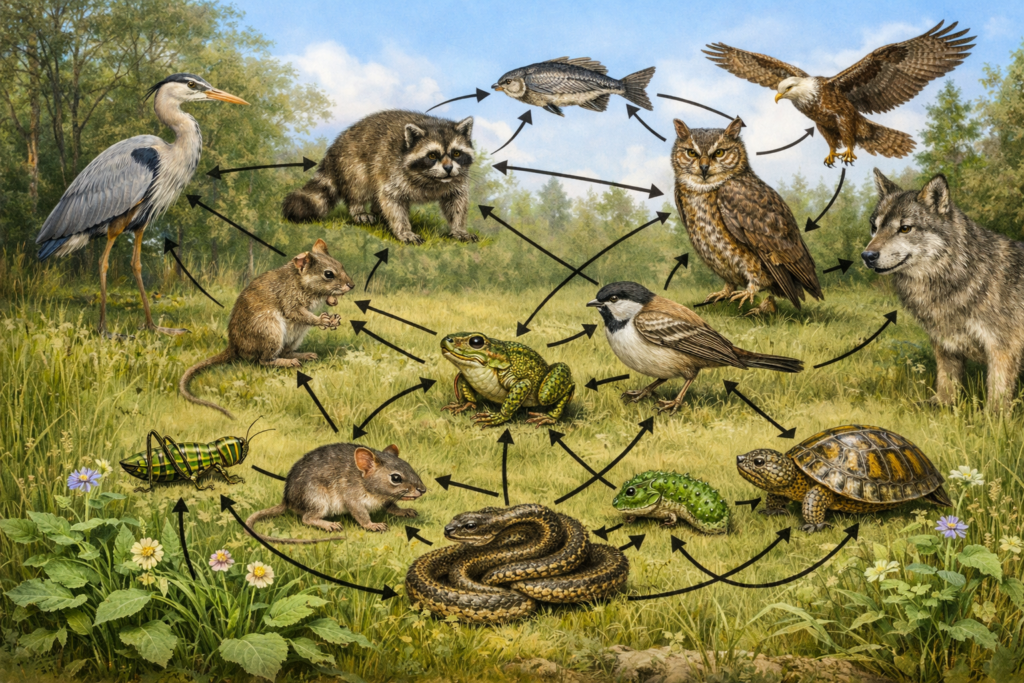 A realistic, scientifically accurate illustration of a food web in a natural ecosystem showing green plants, insects, herbivores, birds, frogs, reptiles, and top predators connected by arrows representing energy flow.