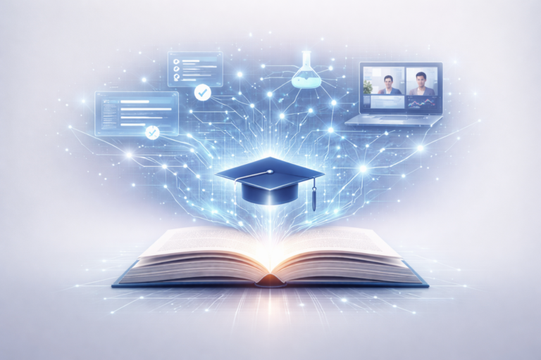 High-resolution minimalist illustration showing an open book transforming into digital neural networks and data pathways, symbolizing the role of artificial intelligence in modern education.