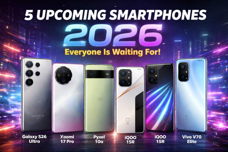 Upcoming Smartphones 2026 featured image showing Galaxy S26 Ultra, Xiaomi 17 Pro, Pixel 10a, iQOO 15R and Vivo V70 Elite in futuristic design