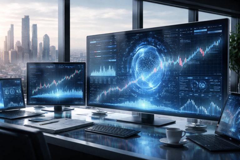 Ultra-realistic AI-driven financial workspace with digital stock charts, data analytics screens, and a modern global city skyline in a professional corporate setting.