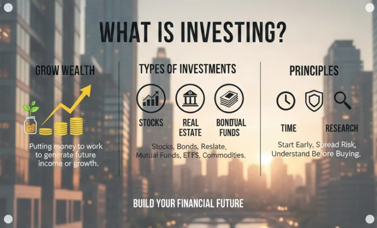 Infographic explaining what is investing with types of investments and key principles for wealth building.