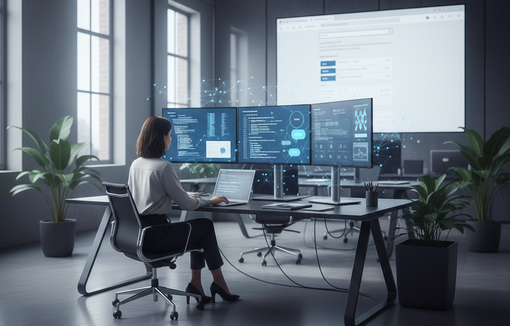 Developer using AI Wrapper dashboards and automation tools on multiple monitors in a modern startup office.