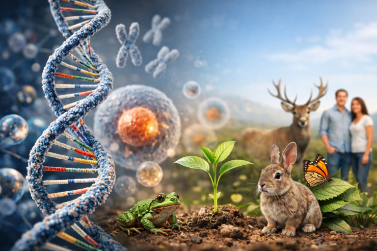 Realistic illustration of Genetics & Evolution showing a DNA double helix transforming into chromosomes, cells, plants, animals, and humans, representing biological inheritance and evolution.
