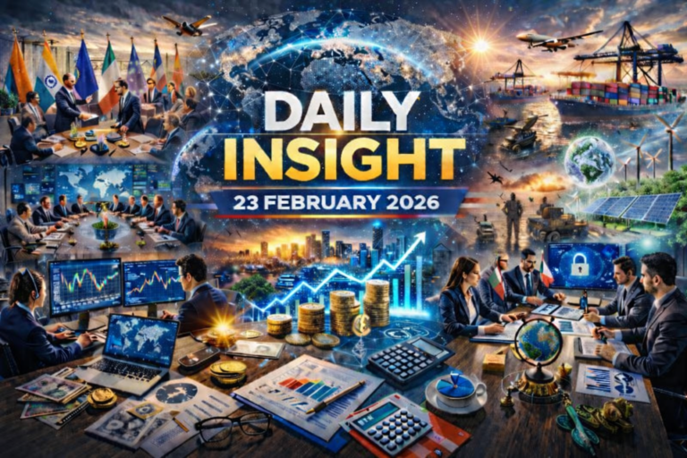 Top world news today daily insight cover showing global economy, diplomacy, technology innovation, and financial growth visuals — 23 February 2026.