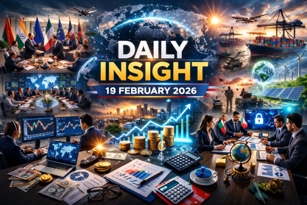 Global News Today 19 February 2026 daily insight world headlines digital illustration with economy, geopolitics, technology and markets
