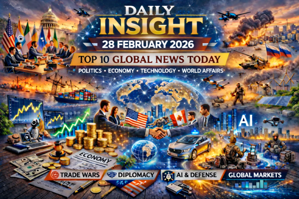 Daily Insight 28 February 2026 featuring top 10 global news stories covering politics, economy, technology, and world affairs