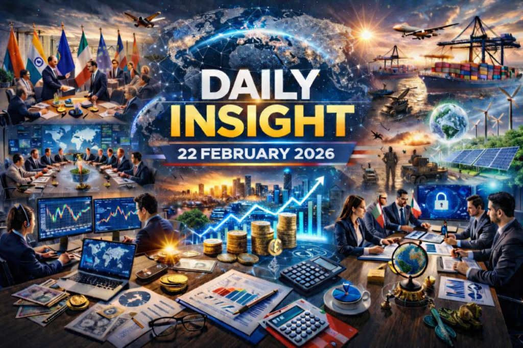 Global News Today 22 February 2026 daily insight world news trade AI economy geopolitics illustration