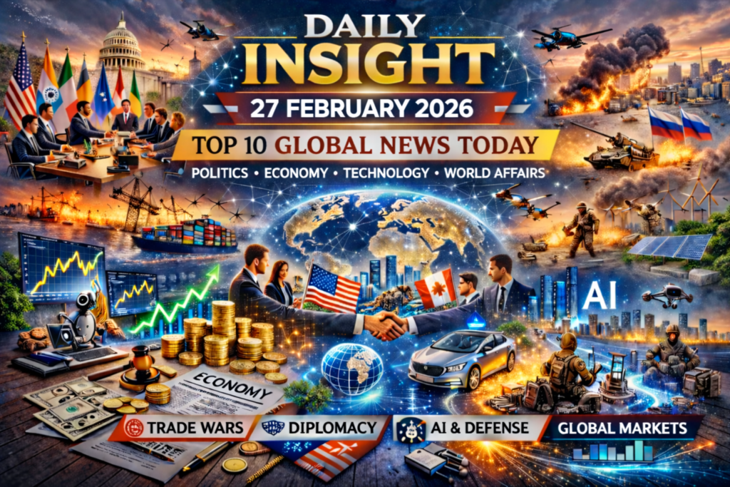 Top world news 27 February 2026 featuring global politics, economy, diplomacy, AI technology and international markets