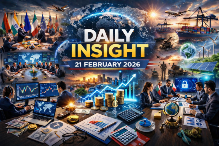 Daily Insight World Trends 21 February 2026 global news collage showing finance, technology, diplomacy, markets and renewable energy