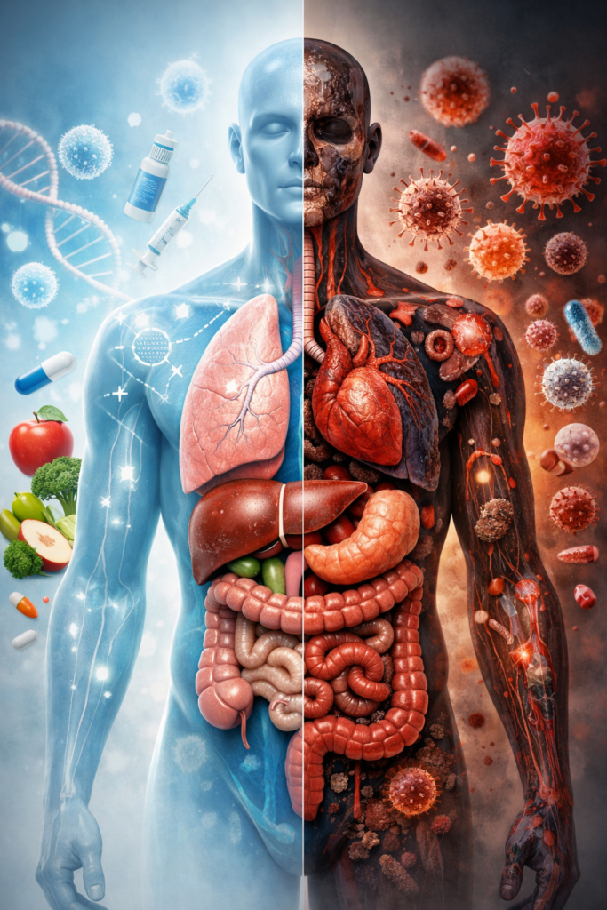 Realistic medical illustration showing a human anatomical silhouette divided into healthy and diseased halves, representing health, disease, immunity, pathogens, and nutrition.