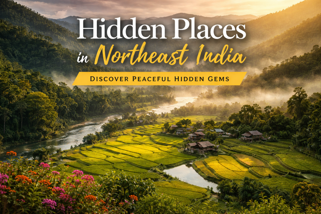 scenic landscape showing hidden places in northeast india with green valleys, river views, and peaceful rural villages