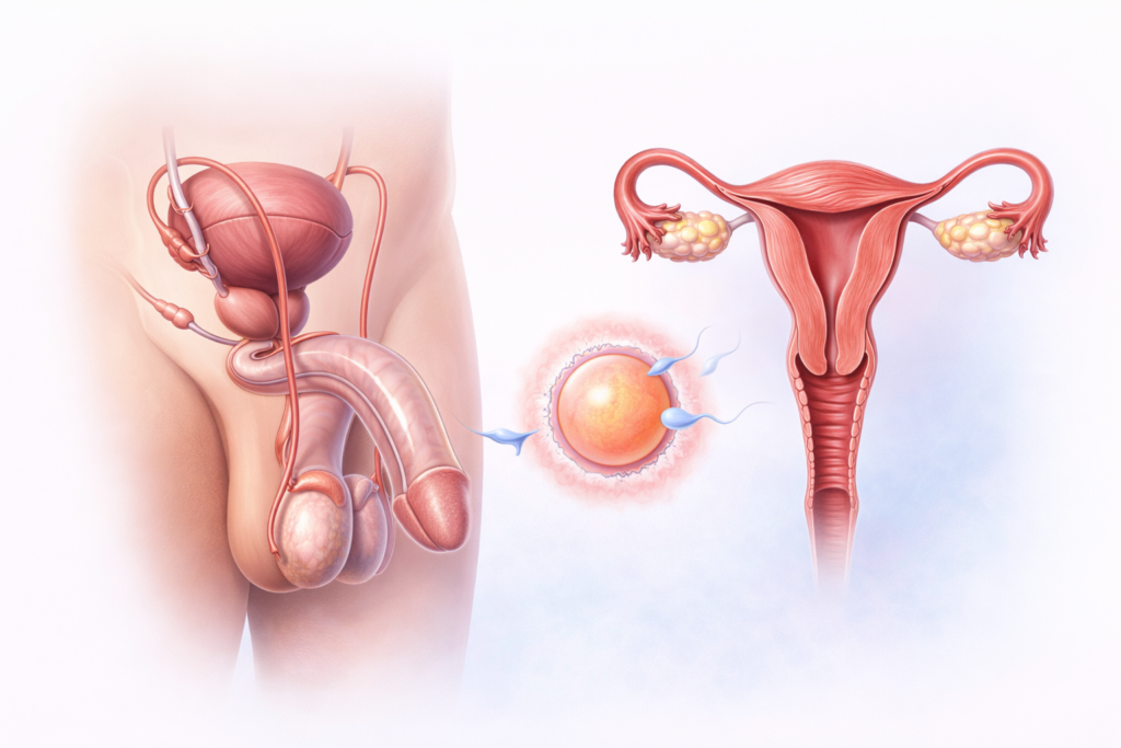 Scientifically accurate educational illustration showing human reproduction, with simplified male and female reproductive systems side by side and a sperm approaching an ovum to represent fertilization.