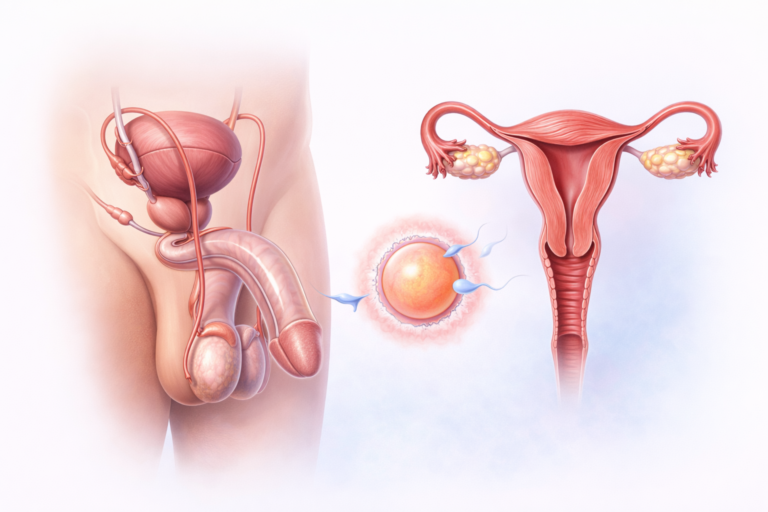 Scientifically accurate educational illustration showing human reproduction, with simplified male and female reproductive systems side by side and a sperm approaching an ovum to represent fertilization.