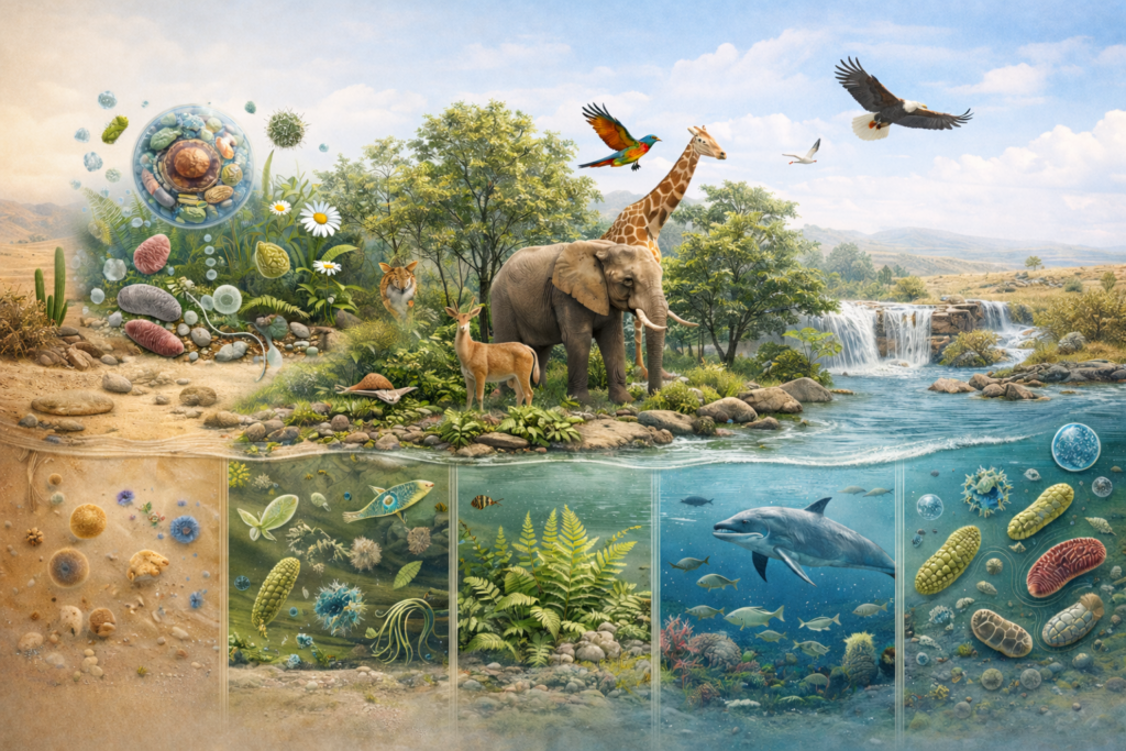 Realistic featured image showing the Living World & Basics with microorganisms, plants, animals, and diverse ecosystems illustrating biological organization and biodiversity.