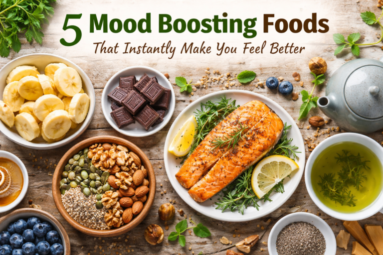 healthy plate showing mood boosting foods like dark chocolate, banana, nuts, fish and green tea