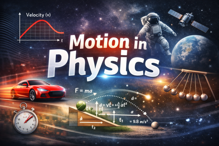motion in physics featured image showing graphs, equations and object movement illustration