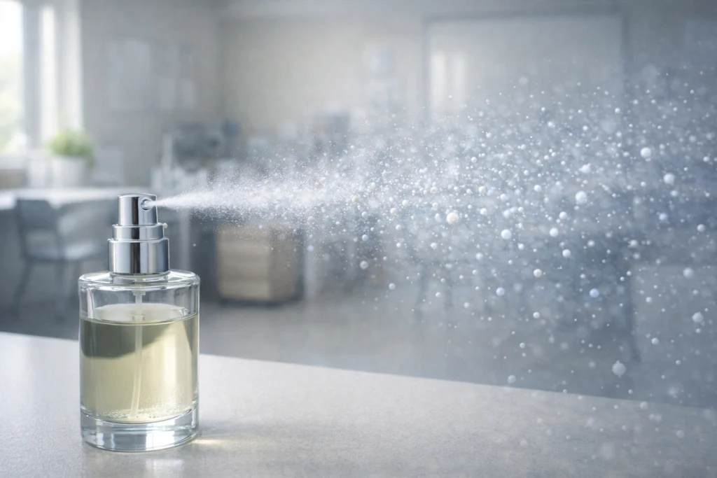 Perfume mist in soft light