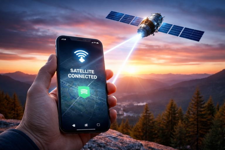 Satellite connectivity in smartphones showing emergency satellite signal on a mobile device in a mountain landscape