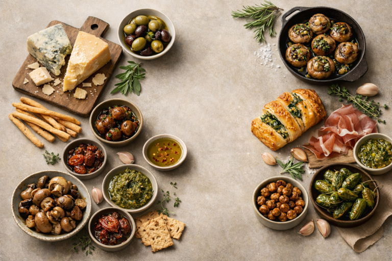 Next-Level Savory Flavors Over Sweet Treats featuring aged cheeses, savory pastries, marinated vegetables, olives, and umami-rich gourmet snacks in a refined flat-lay.
