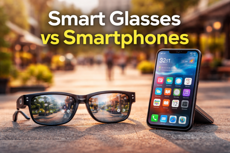 Smart glasses vs smartphones comparison showing AI wearable glasses and modern smartphone in a real outdoor setting