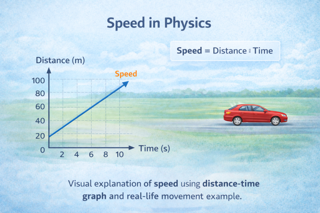 speed in physics diagram showing distance time graph and moving object illustration