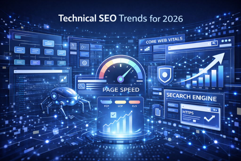Technical SEO Trends for 2026 illustration showing page speed optimization, Core Web Vitals, site architecture, search engine crawlers, and modern website infrastructure.