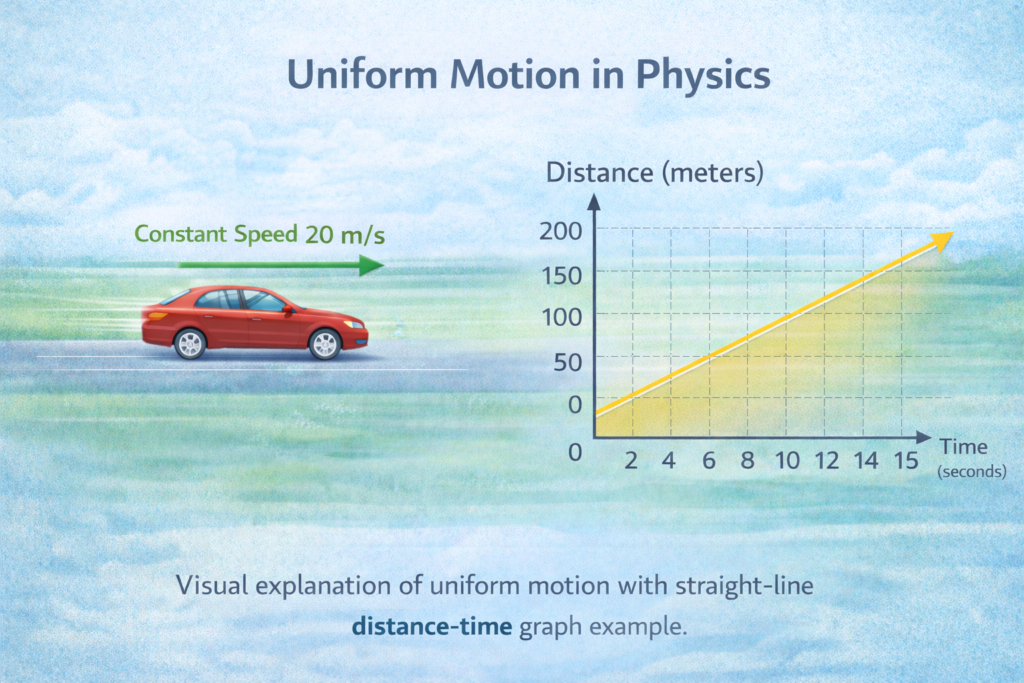 uniform motion in physics diagram showing constant speed distance time graph illustration