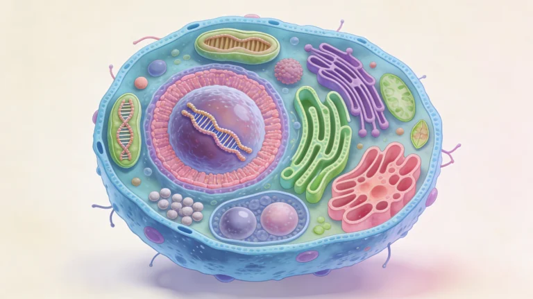 Colorful diagram of a eukaryotic cell with nucleus and membrane-bound organelles.