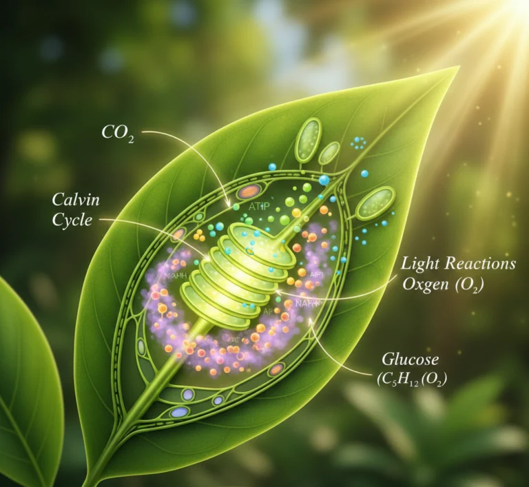 Realistic scientific illustration showing the steps of the photosynthesis process inside a green plant leaf, with sunlight entering chloroplasts, light reactions in thylakoids, and the Calvin cycle producing glucose.