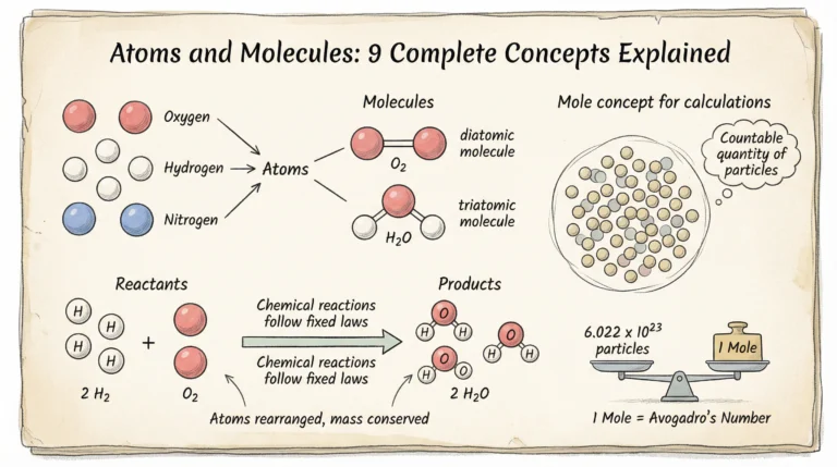 Hand-drawn Class 9 chemistry diagram showing atoms, molecules, chemical reactions, and the mole concept in an old NCERT-style educational illustration.