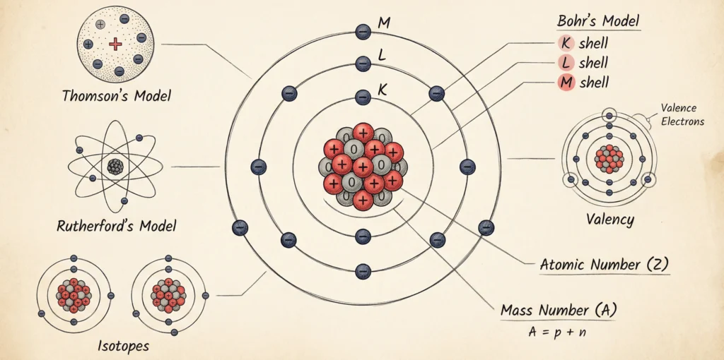 Hand-drawn diagram of atomic structure in Class 9 NCERT style.