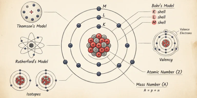 Hand-drawn diagram of atomic structure in Class 9 NCERT style.