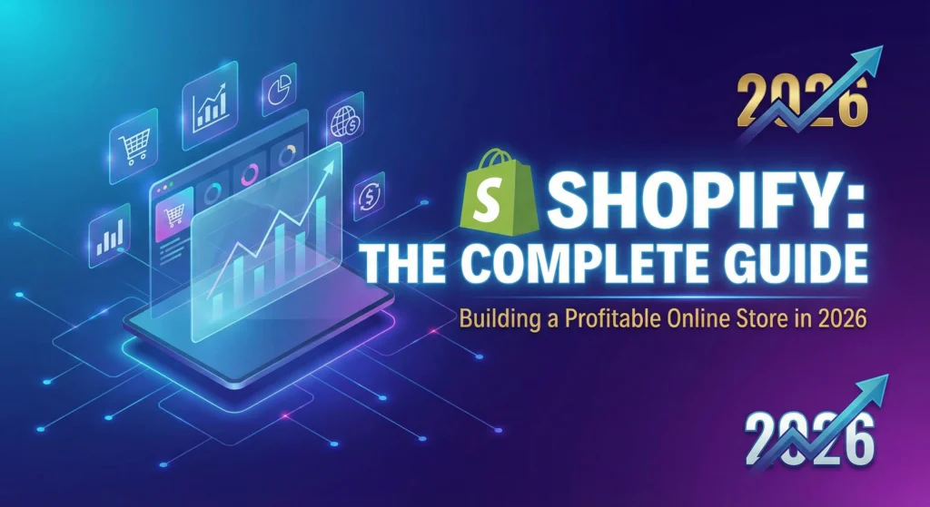 Shopify complete guide 2026 illustration showing ecommerce dashboard and sales growth chart.