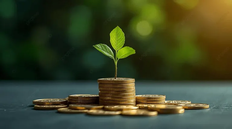Savings represented by stacked coins with a small green plant growing on top symbolizing financial growth and long-term wealth building.