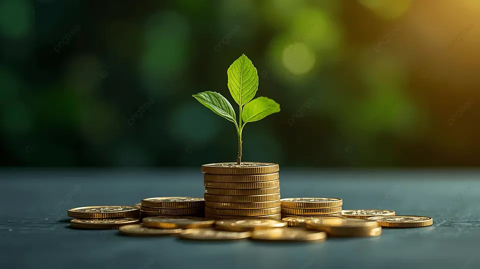 Savings represented by stacked coins with a small green plant growing on top symbolizing financial growth and long-term wealth building.