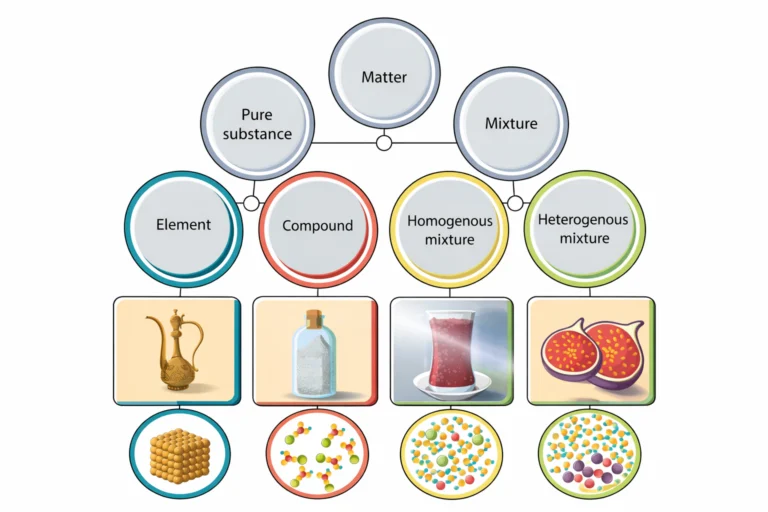 Is Matter Around Us Pure? diagram showing classification of matter into pure substances and mixtures with elements, compounds, homogeneous and heterogeneous mixtures.