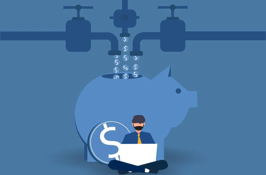 Income flow concept illustration showing money entering a piggy bank through financial pipes.