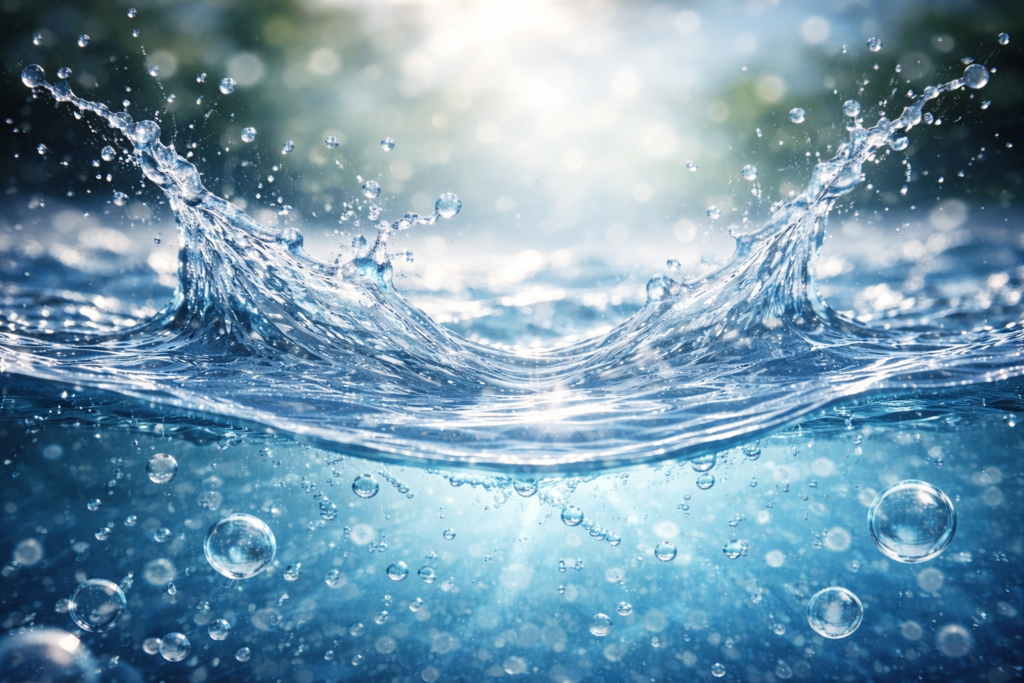 High-resolution photograph of crystal-clear water in motion, showing gentle waves and splashing droplets frozen mid-air, with transparent blue tones and natural light reflections against a soft, uncluttered background.