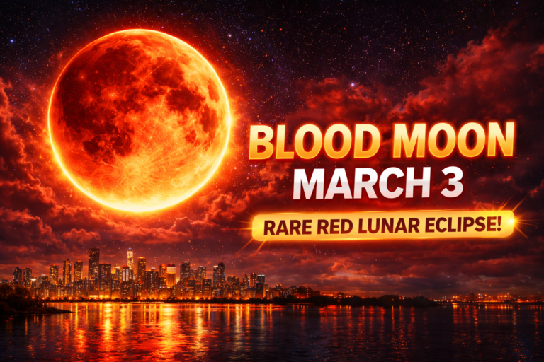 Blood Moon March 3 rare red lunar eclipse glowing over city skyline at night