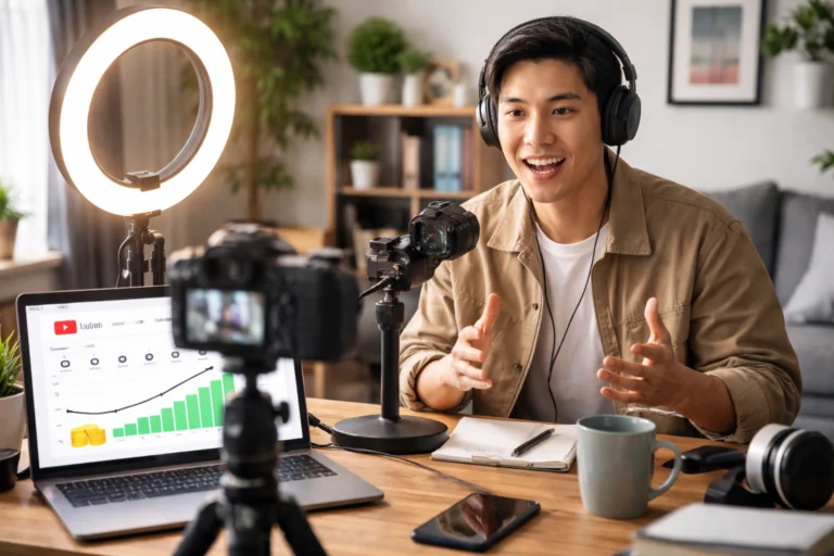 YouTube Income Explained with creator recording video and analyzing channel earnings growth