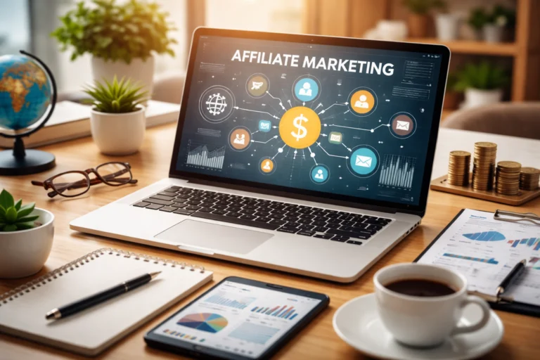 Affiliate Marketing Guide dashboard displayed on laptop showing affiliate network connections and online income analytics