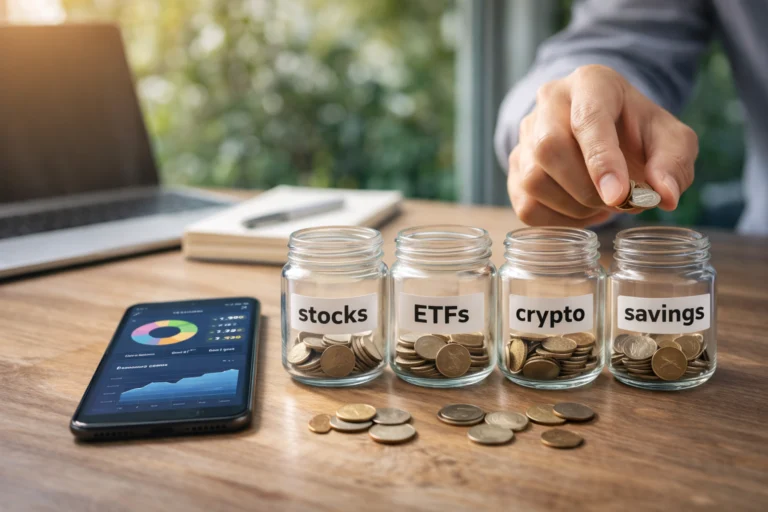How to invest small amounts using jars labeled stocks, ETFs, crypto, and savings