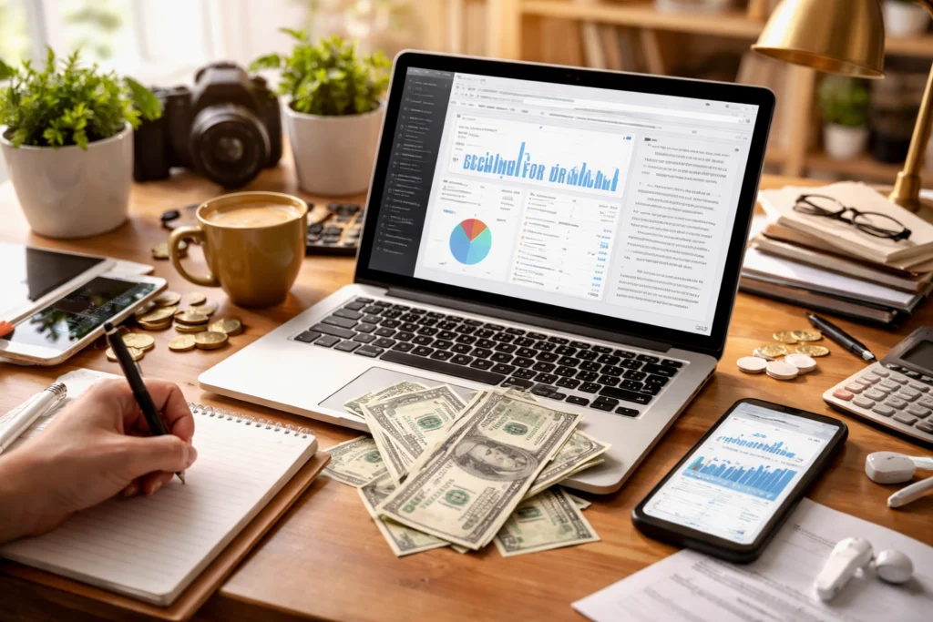 Blogging for Income concept with laptop, analytics dashboard, and money on desk