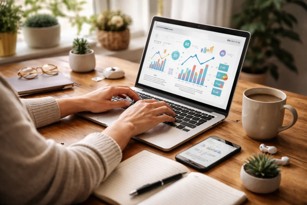 Person planning to start a side hustle online for extra income on a laptop