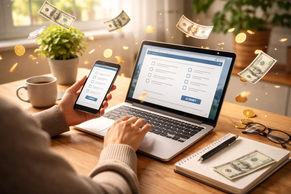 Person completing online surveys to earn extra cash through online surveys