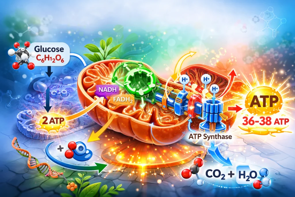 Cellular respiration diagram showing glucose converting into ATP in mitochondria.