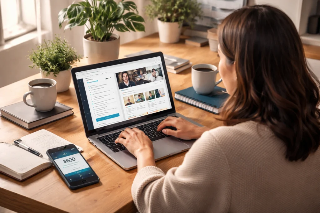 Professional freelancer earning income through freelance marketplaces while working on a laptop at home