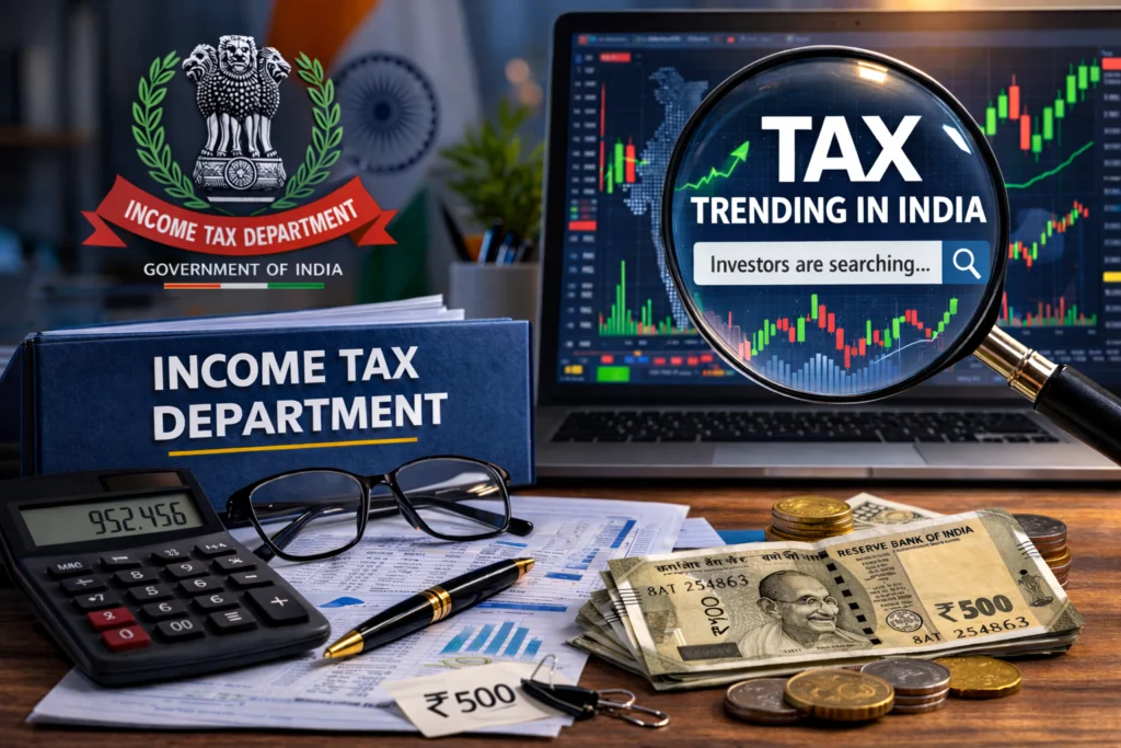 Income Tax Department office setup with Indian currency notes, financial documents, calculator, and stock market charts on laptop screen.