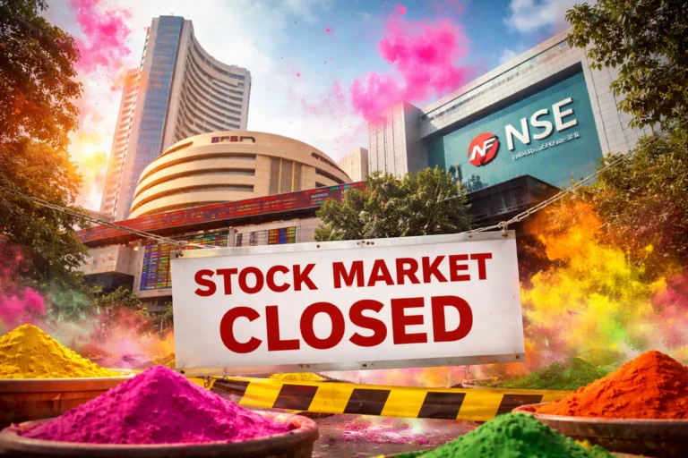 Stock Market closed on Holi holiday in India with NSE and BSE buildings in background