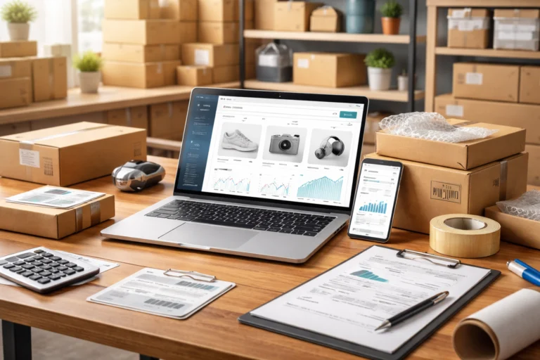 start a dropshipping business online store dashboard with packaging boxes and ecommerce workspace